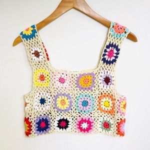 LA HEARTS Top One Size Crochet Square Cropped Boho Hippie Patchwork